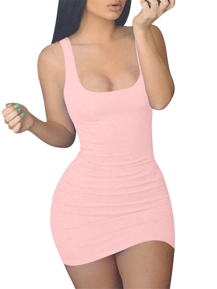 GOBLES Women's Casual Summer Sleeveless Mini Sexy Bodycon Tank Club Dress Pink - Image 1